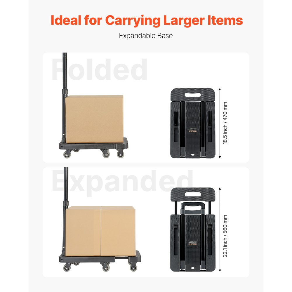 VEVOR Folding Hand Truck, 500 lbs Load Capacity, Collapsible Luggage Cart with 6 Wheels, 2 Elastic Ropes & Expandable Base, Utility Dolly Platform Cart for Airport Travel Luggage Office Moving, Black