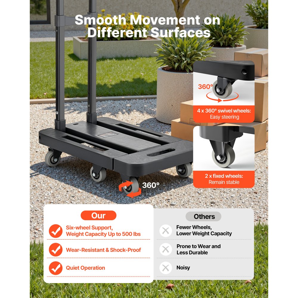 VEVOR Folding Hand Truck, 500 lbs Load Capacity, Collapsible Luggage Cart with 6 Wheels, 2 Elastic Ropes & Expandable Base, Utility Dolly Platform Cart for Airport Travel Luggage Office Moving, Black