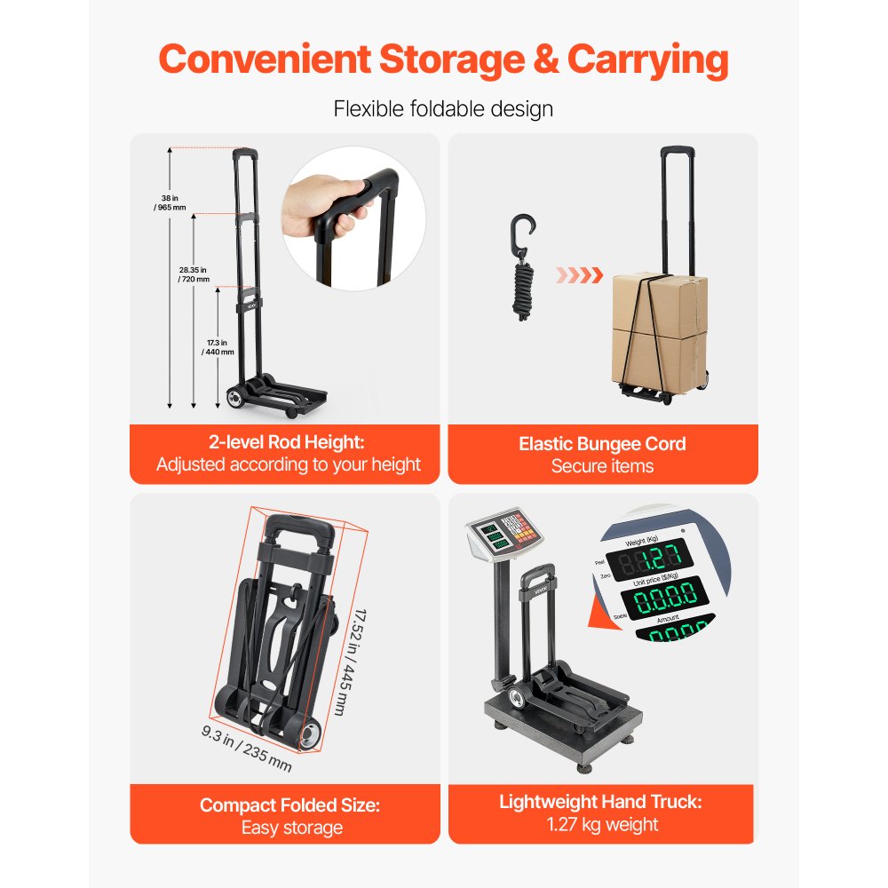 VEVOR Folding Hand Truck, 110 lbs Load Capacity, Collapsible Luggage Cart with 2 Wheels & 1 Elastic Rope, Utility Dolly Platform Cart for Airport Travel Furniture Luggage Office Moving, Black