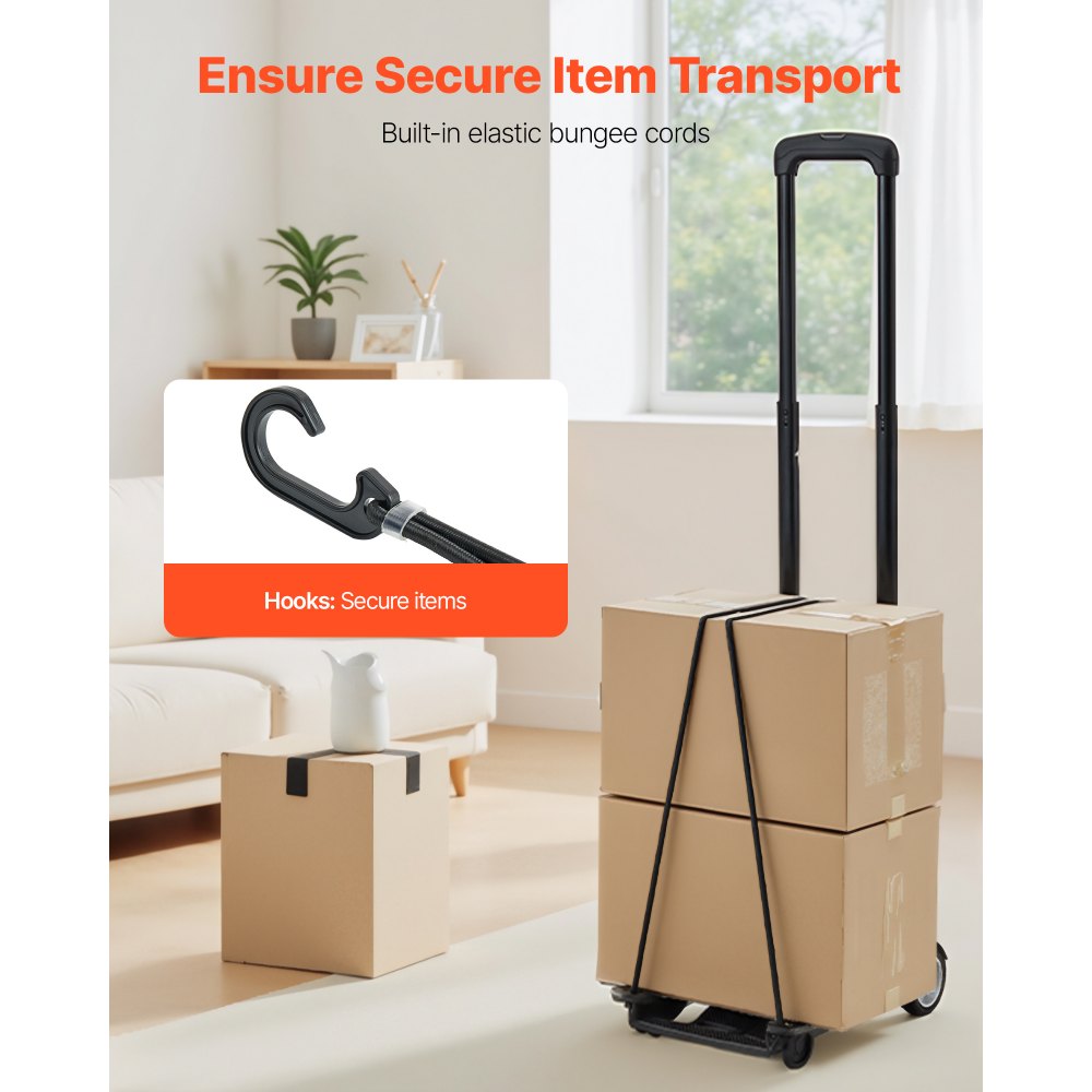 VEVOR Folding Hand Truck, 110 lbs Load Capacity, Collapsible Luggage Cart with 2 Wheels & 1 Elastic Rope, Utility Dolly Platform Cart for Airport Travel Furniture Luggage Office Moving, Black