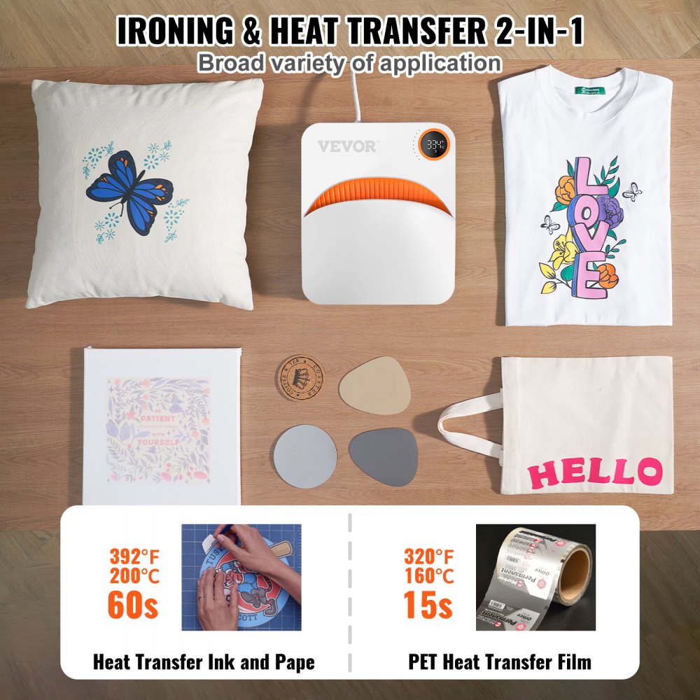 VEVOR Heat Press Machine, 7x6 inches Portable Shirt Printing Multifunctional Sublimation Transfer Heat Press Machine PTFE Coated, Easy Iron-on Press for T-shirts/Bags/HTV/Pillows Vinyl Projects