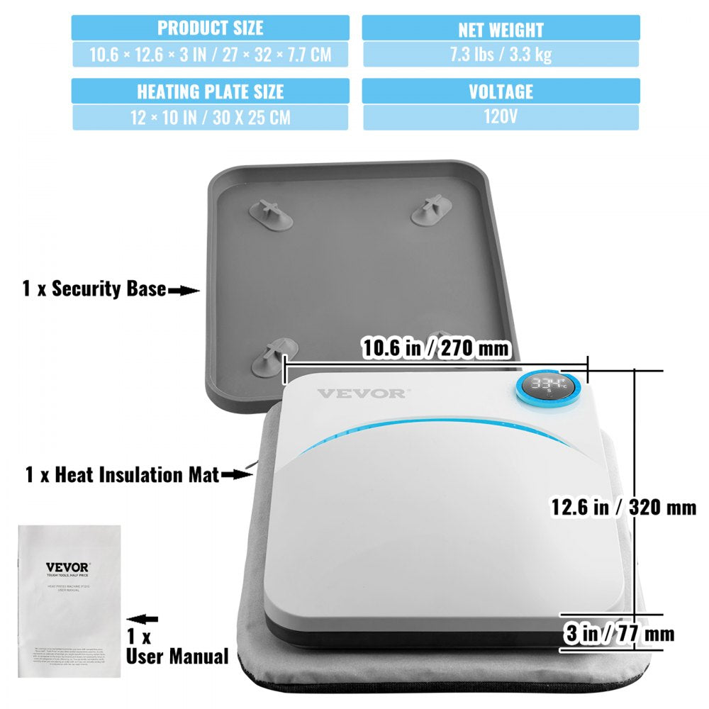 VEVOR Heat Press Machine,10"x12" Portable Shirt Printing Multifunctional Sublimation Transfer Heat Press Machine PTFE Coated, Easy Iron-on Press for T-shirts/Bags/Pillows/HTV Vinyl Projects