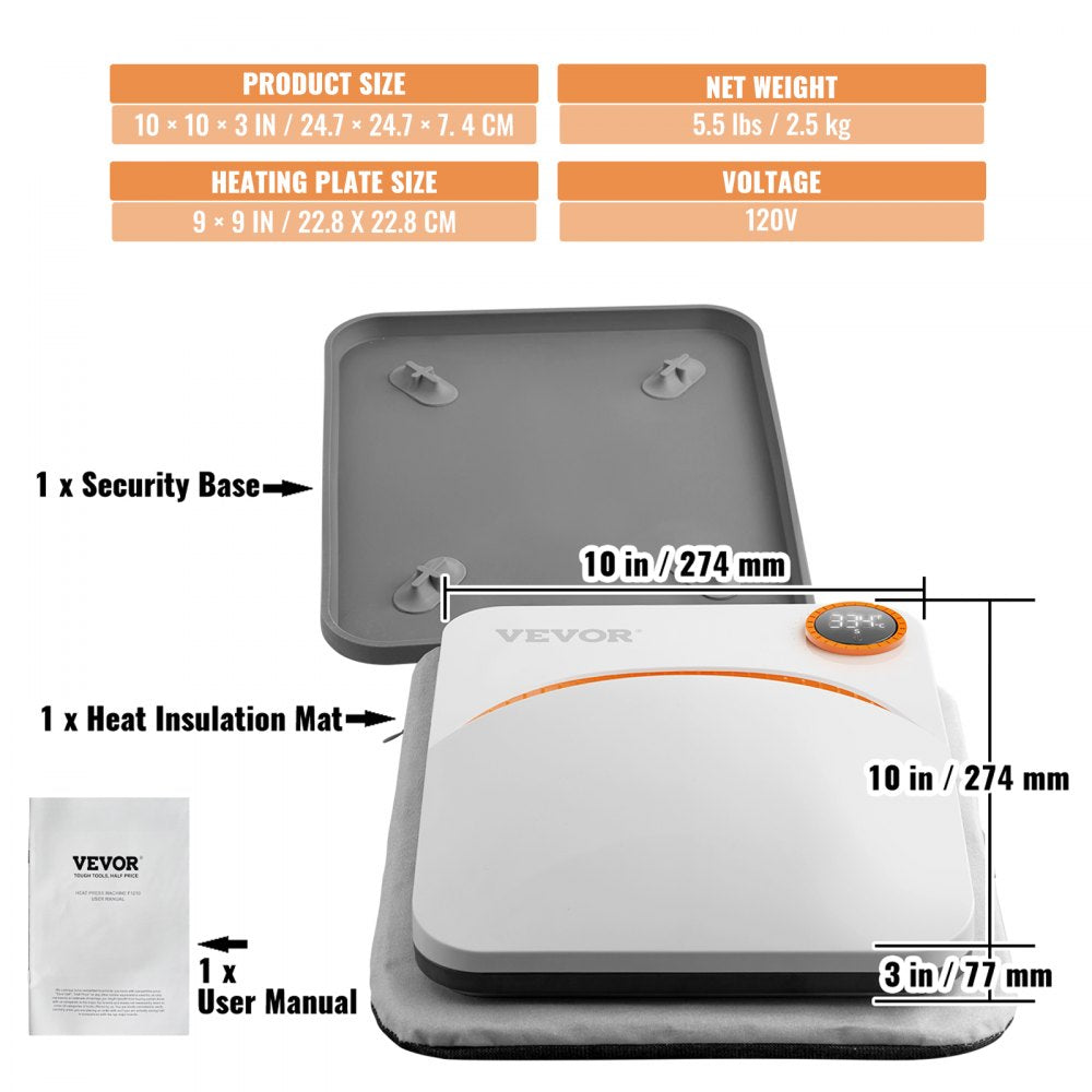 VEVOR Heat Press Machine,9x9inches Portable Shirt Printing Multifunctional Sublimation Transfer Heat Press Machine PTFE Coated, Easy Iron-on Press for T-shirts/HTV Vinyl/Bags/Pillows Projects