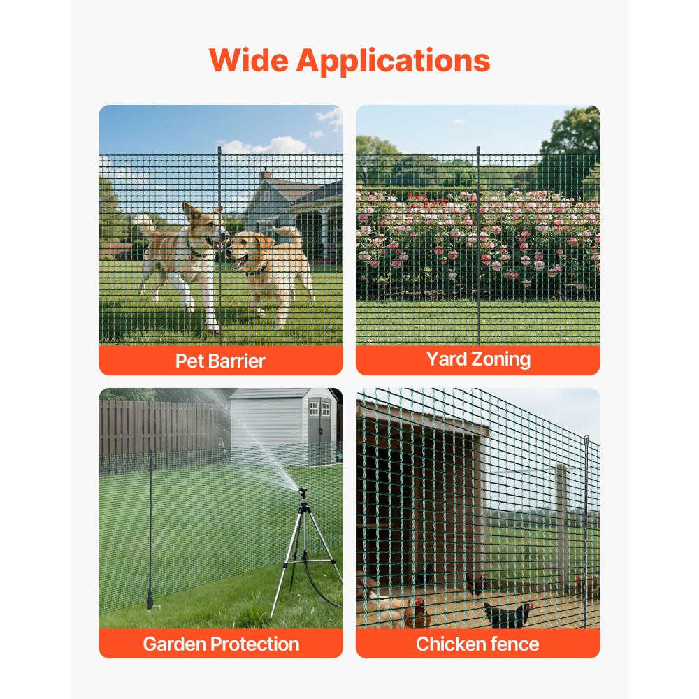 VEVOR Temporary Fence with Posts, 3.9 x 49.2 FT Plastic Mesh Fencing, Garden Safety Fences Netting with Double-Spike Stakes & Guy Ropes, Temporary Fence for Dogs, Chickens, Plants, Outdoor Yards