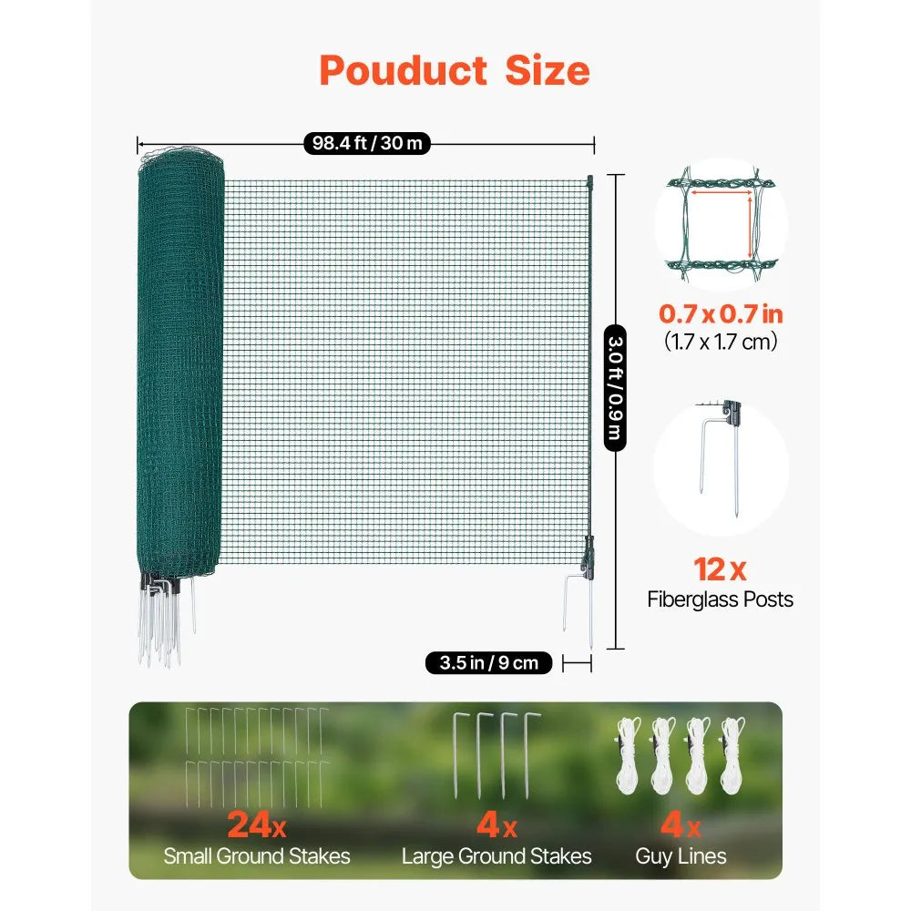 VEVOR Temporary Fence with Posts, 3 x 98.4 FT Plastic Mesh Fencing, Garden Safety Fences Netting with Double-Spike Stakes & Guy Ropes, Temporary Fence for Dogs, Chickens, Plants, Outdoor Yards