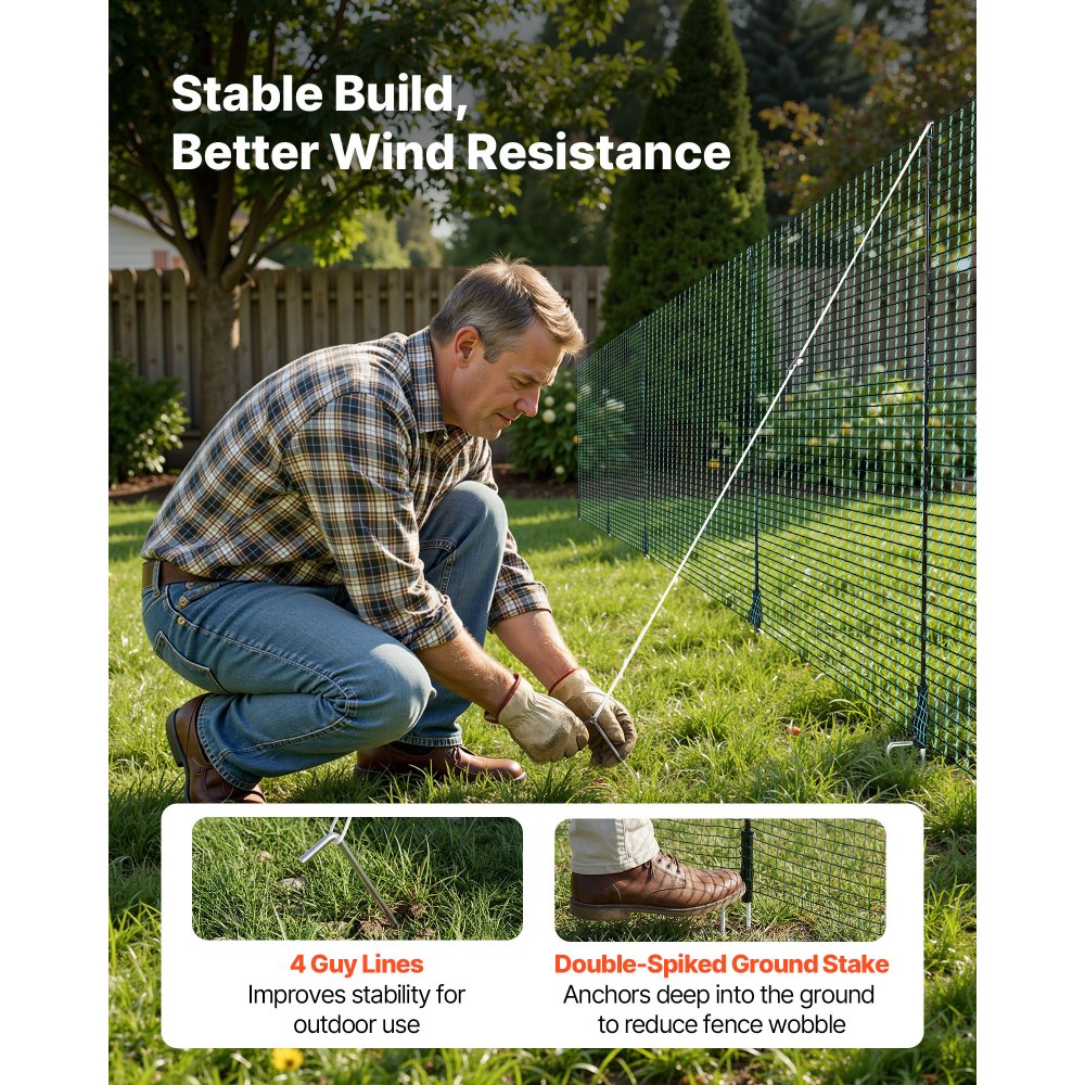VEVOR Temporary Fence with Posts, 3 x 164 FT Plastic Mesh Fencing, Garden Safety Fences Netting with Double-Spike Stakes & Guy Ropes, Temporary Fence for Dogs, Chickens, Plants, Outdoor Yards