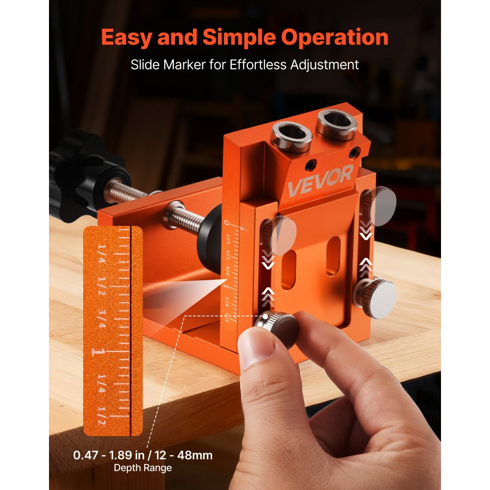 VEVOR Pocket Hole Jig Kit, 0.47 to 1.89 in Adjustable, Jig Pocket Hole System with Step Drill, Hex Wrench, Drill Stop Ring, Square Drive Bit, Plugs and Screws, Reinforced Metal Frame, for Woodworking
