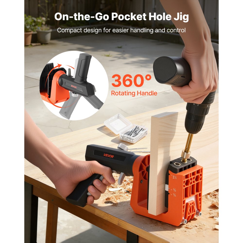 VEVOR Pocket Hole Jig Kit, 1/2", 3/4", 1-1/2" Adjustable, 360° Rotating Handle, Jig Pocket Hole System with 260 Screws, C-Clamp, Stop Collar, Drill Bit, Easy Clamping and Adjusting, for Woodworking