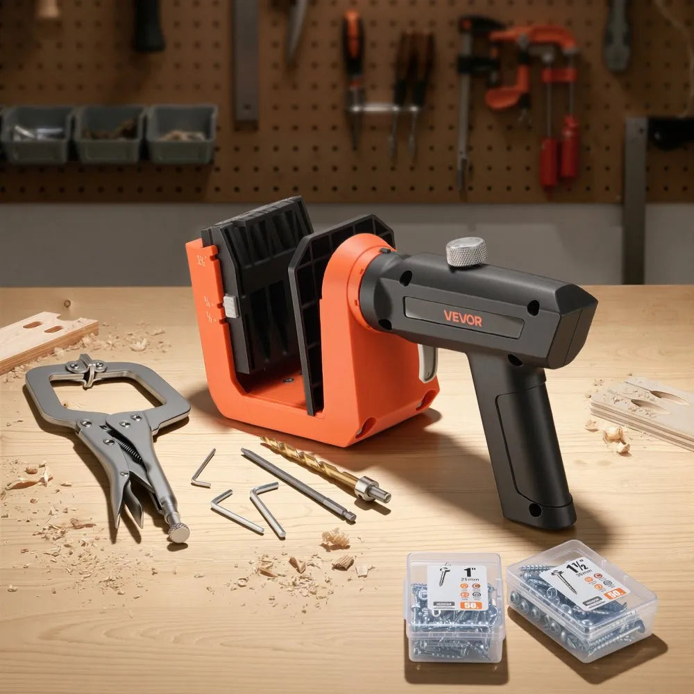 VEVOR Pocket Hole Jig Kit, 1/2", 3/4", 1-1/2" Adjustable, 360° Rotating Handle, Jig Pocket Hole System with 260 Screws, C-Clamp, Stop Collar, Drill Bit, Easy Clamping and Adjusting, for Woodworking
