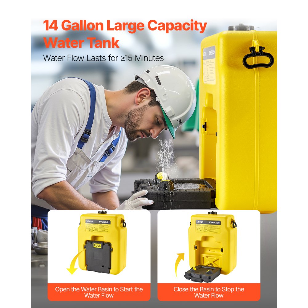 VEVOR Portable Eye Wash Station 14 Gal, OSHA-Approved Eyewash Station Wall-Mounted/On Flat Surface, Emergency Eye Wash Unit with 2 Sprays, First Aid Eyewash Units for Schools, Labs, Factories, Yellow