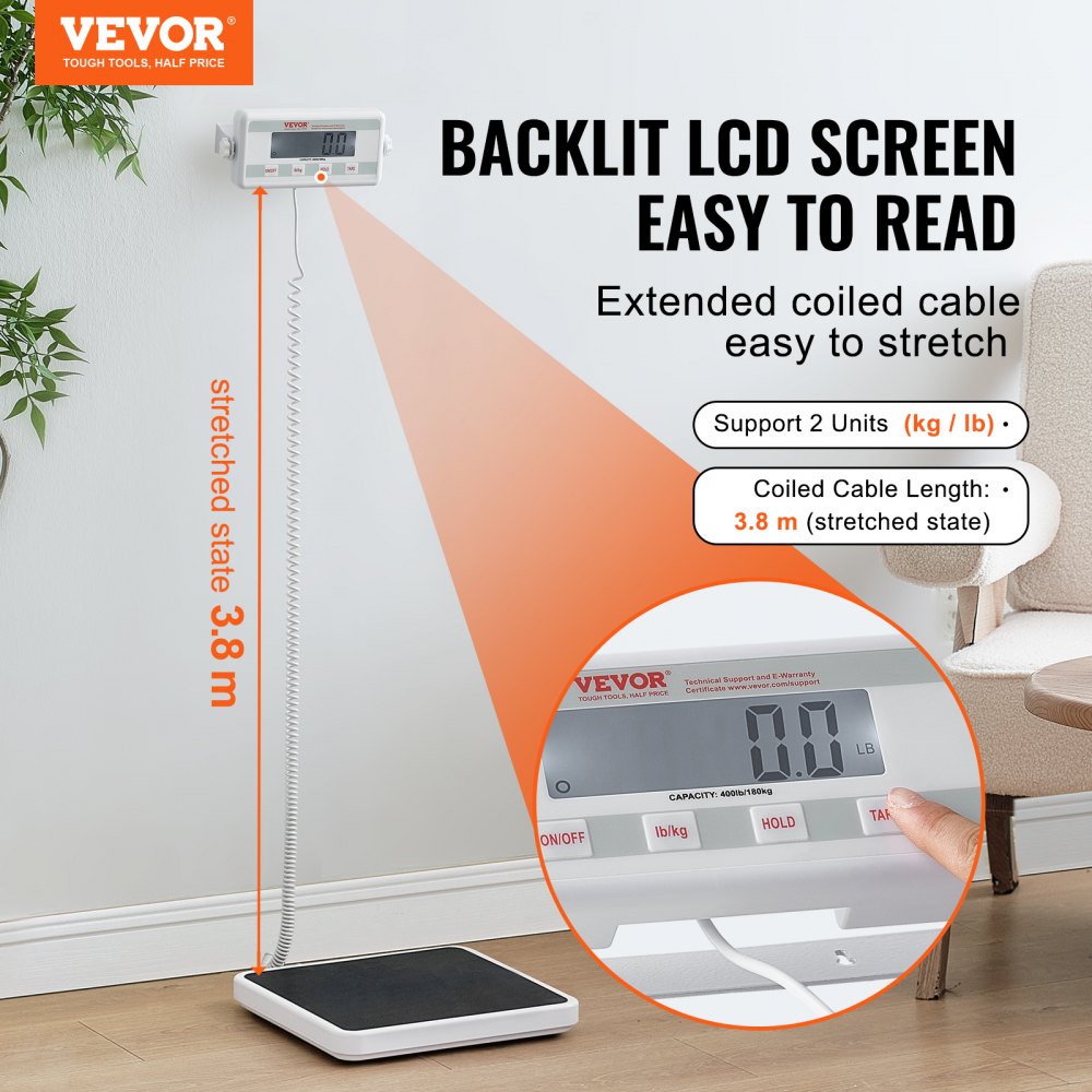 VEVOR Portable Medical Scale, Professional Digital Physician Scale for Weighing - with Anti-Slip Mat, 2 Units (kg/lb), Hold & Tare Function, 400LBS Capacity Physician Wight Scale for Gym Home Hospital
