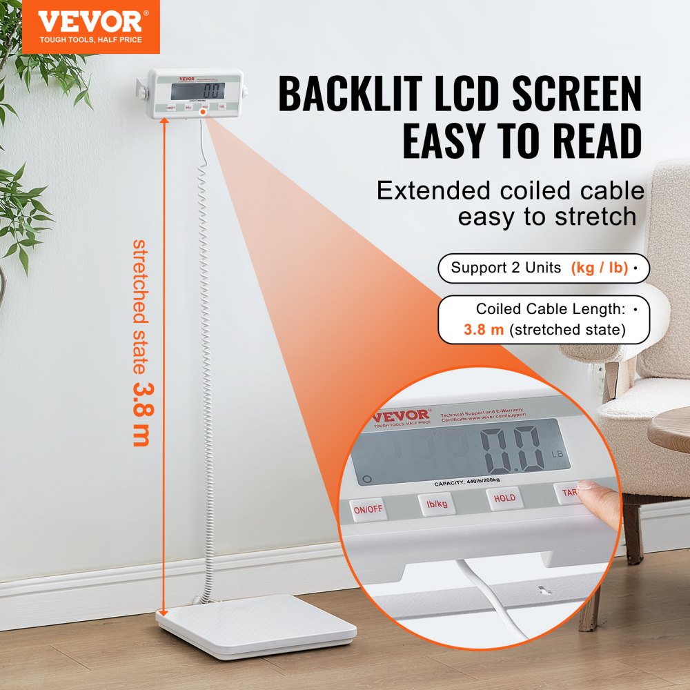 VEVOR Portable Medical Scale, Professional Physician Scale for Weighing - with Anti-slip Platform, 2 Units, Hold & Tare Function, Digital Physician Weight Scale for Gym Home Hospital, 440LBS Capacity
