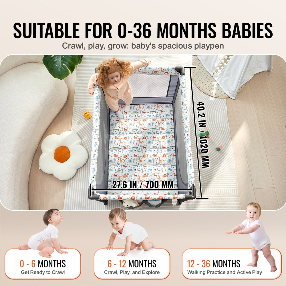 VEVOR Baby Playpen Travel Crib, Quick-Folding Playpen for Baby & Toddler, Portable Baby Fence Play Yard with Wheels, Breathable Mesh & Travel Bag, Indoor/Outdoor Kids Activity Center for 0-36 Months