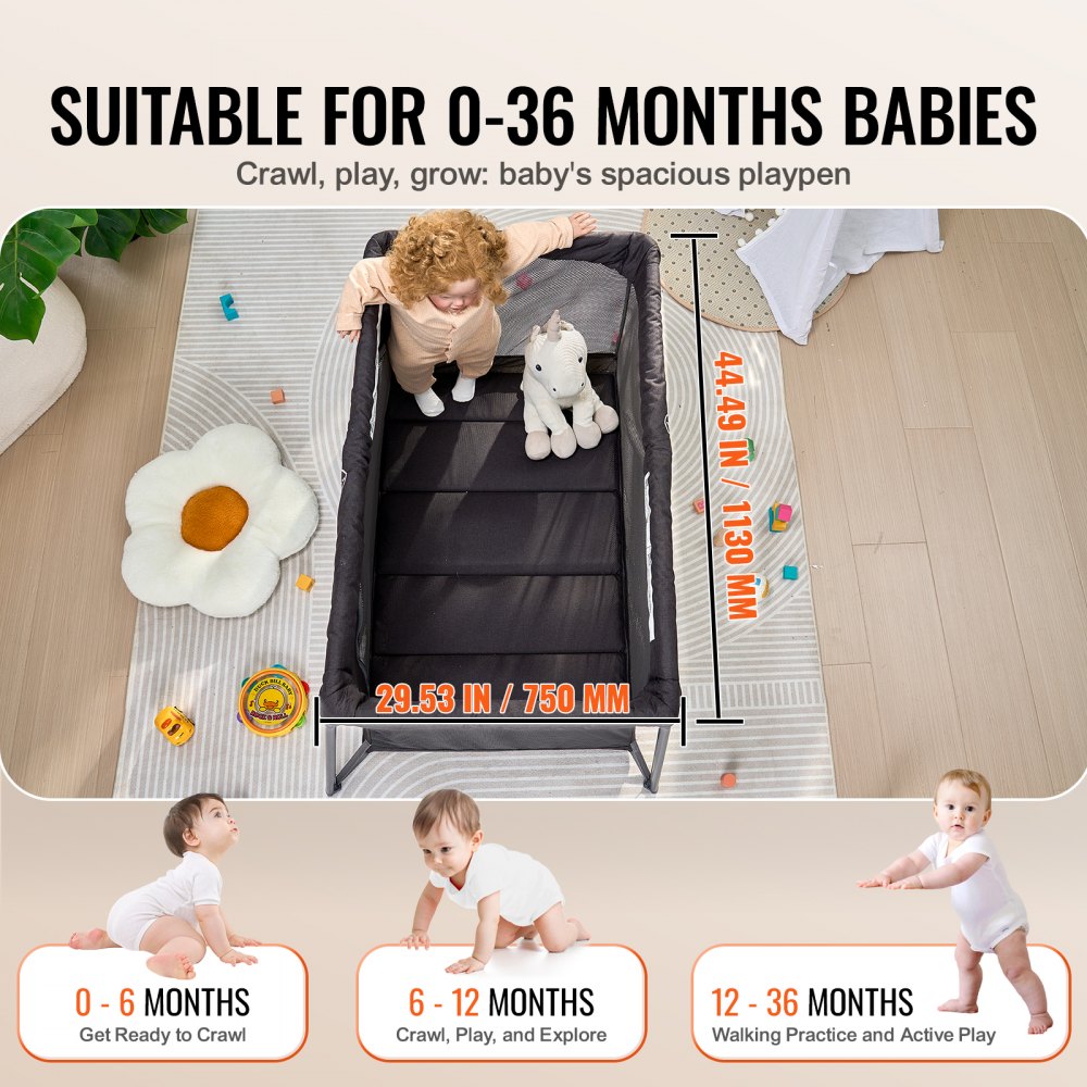VEVOR Baby Travel Crib and Play Yard, Folding Baby Playpen with Zipper Gate & Soft Mattress, Portable Toddler Crib with Breathable Mesh, Travel Bag, Indoor/Outdoor Kids Activity Center for 0-36 Months