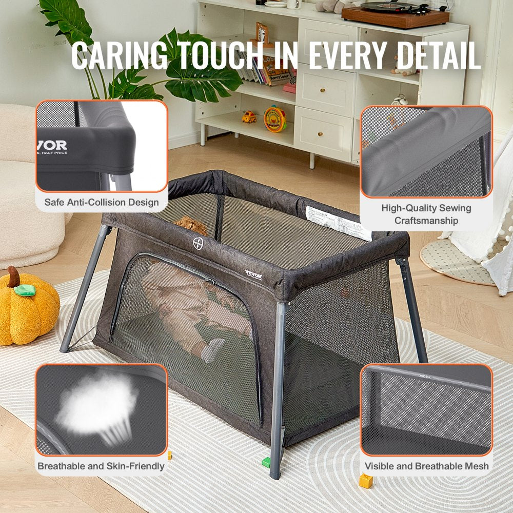 VEVOR Baby Travel Crib and Play Yard, Folding Baby Playpen with Zipper Gate & Soft Mattress, Portable Toddler Crib with Breathable Mesh, Travel Bag, Indoor/Outdoor Kids Activity Center for 0-36 Months