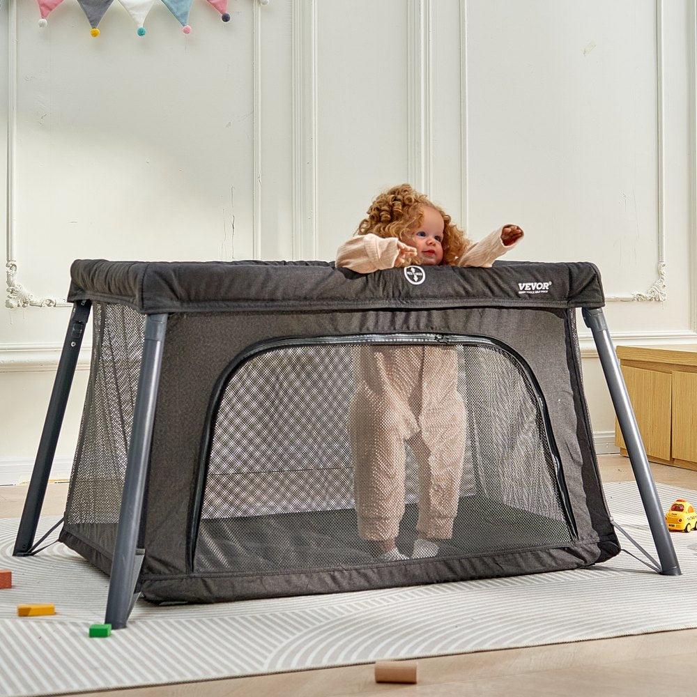 VEVOR Baby Travel Crib and Play Yard, Folding Baby Playpen with Zipper Gate & Soft Mattress, Portable Toddler Crib with Breathable Mesh, Travel Bag, Indoor/Outdoor Kids Activity Center for 0-36 Months