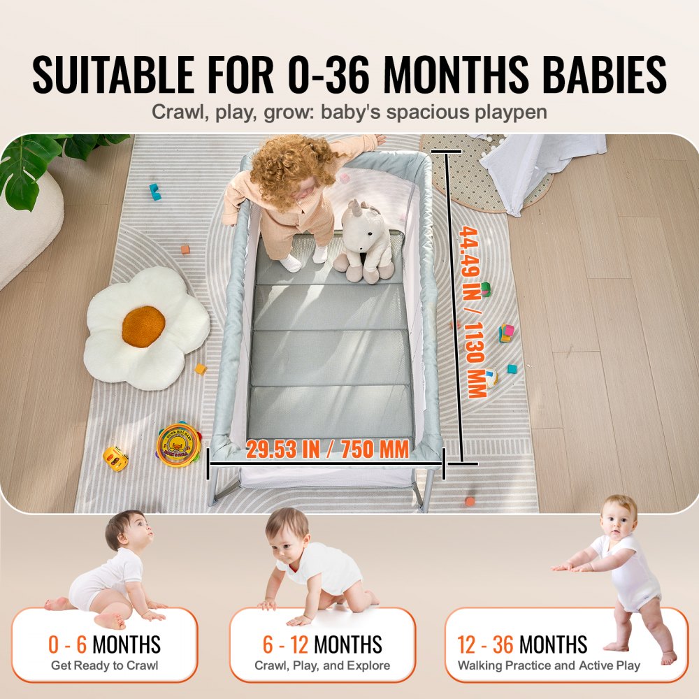VEVOR Baby Travel Crib and Play Yard, Folding Baby Playpen with Soft Mattress Pad, Portable Toddlers Crib with Breathable Mesh and Travel Bag, Indoor/Outdoor Kid Activity Center for 0-36 Months Babies