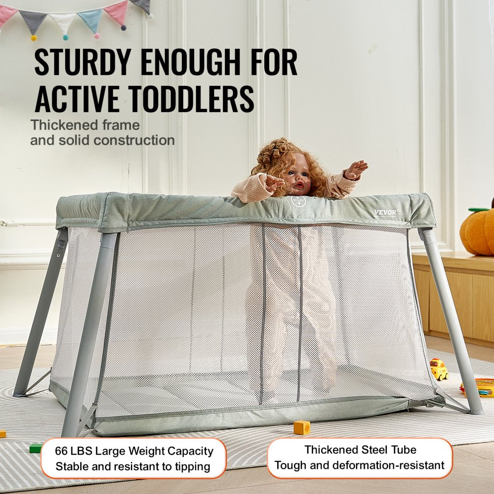 VEVOR Baby Travel Crib and Play Yard, Folding Baby Playpen with Soft Mattress Pad, Portable Toddlers Crib with Breathable Mesh and Travel Bag, Indoor/Outdoor Kid Activity Center for 0-36 Months Babies