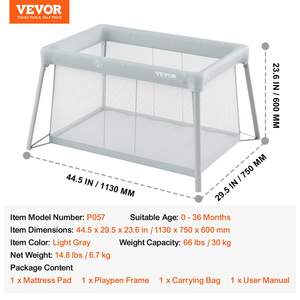 VEVOR Baby Travel Crib and Play Yard, Folding Baby Playpen with Soft Mattress Pad, Portable Toddlers Crib with Breathable Mesh and Travel Bag, Indoor/Outdoor Kid Activity Center for 0-36 Months Babies