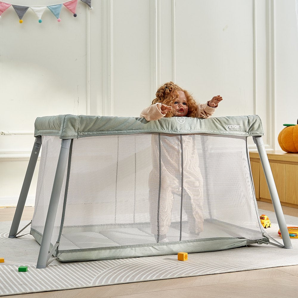 VEVOR Baby Travel Crib and Play Yard, Folding Baby Playpen with Soft Mattress Pad, Portable Toddlers Crib with Breathable Mesh and Travel Bag, Indoor/Outdoor Kid Activity Center for 0-36 Months Babies