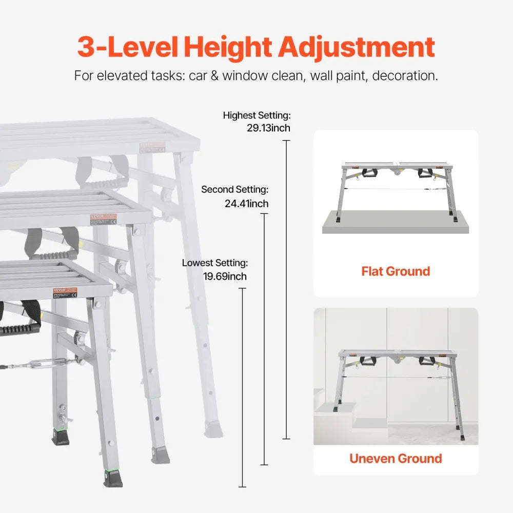 VEVOR Work Platform, 3 Gear Adjustable Height, Folding Alloy Steel Step Ladder, Portable Scaffolding Platform, 400 lb Load Capacity, Non-Slip Rubber Feet, Drywall Painting Stool, for Cleaning &Washing