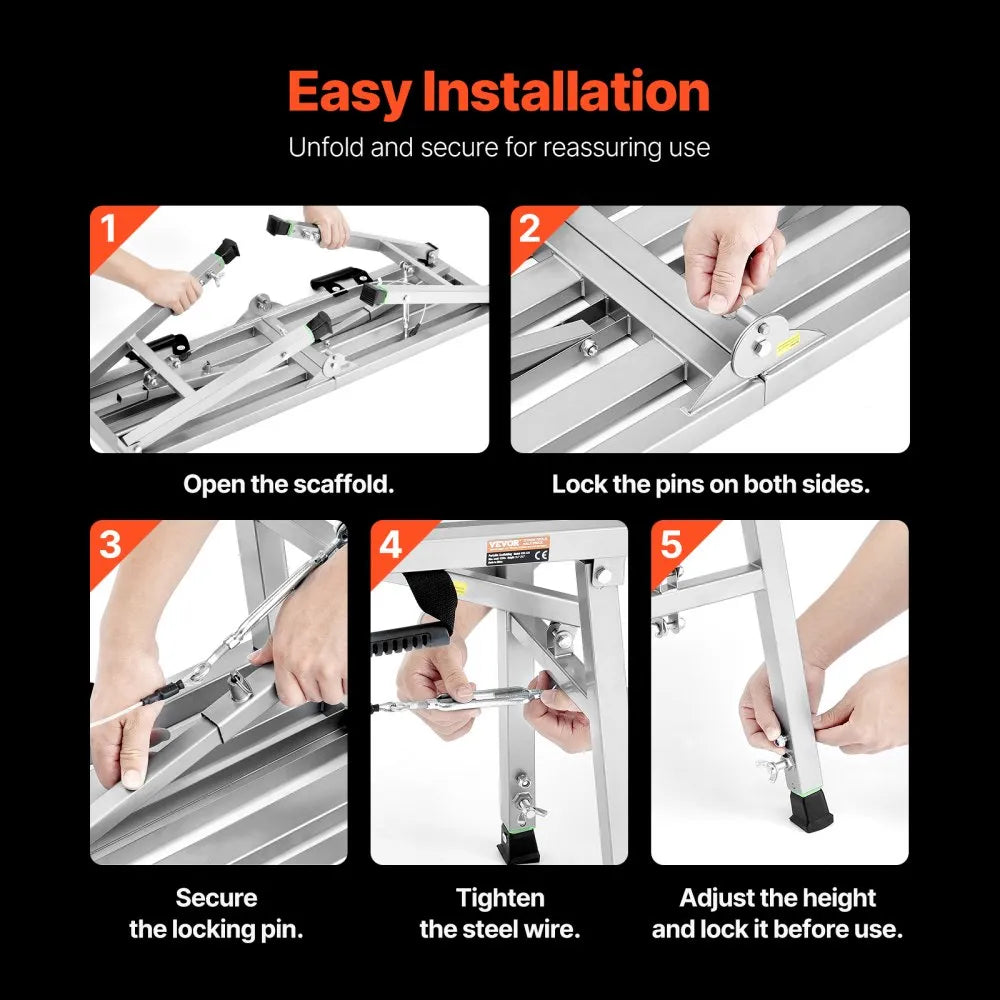 VEVOR Work Platform, 3 Gear Adjustable Height, Folding Alloy Steel Step Ladder, Portable Scaffolding Platform, 400 lb Load Capacity, Non-Slip Rubber Feet, Drywall Painting Stool, for Cleaning &Washing