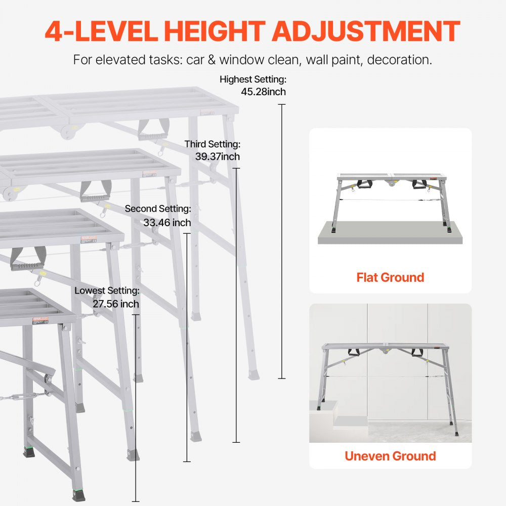 VEVOR Work Platform, 4 Gear Adjustable Height, Folding Alloy Steel Step Ladder, Portable Scaffolding Platform, 800 lb Load Capacity, Non-Slip Rubber Feet, Drywall Painting Stool, Cleaning & Washing