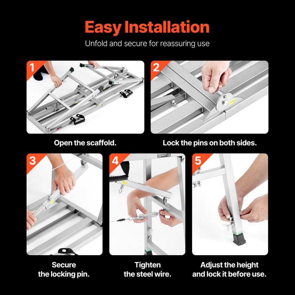 VEVOR Work Platform, 4 Gear Adjustable Height, Folding Alloy Steel Step Ladder, Portable Scaffolding Platform, 800 lb Load Capacity, Non-Slip Rubber Feet, Drywall Painting Stool, Cleaning & Washing