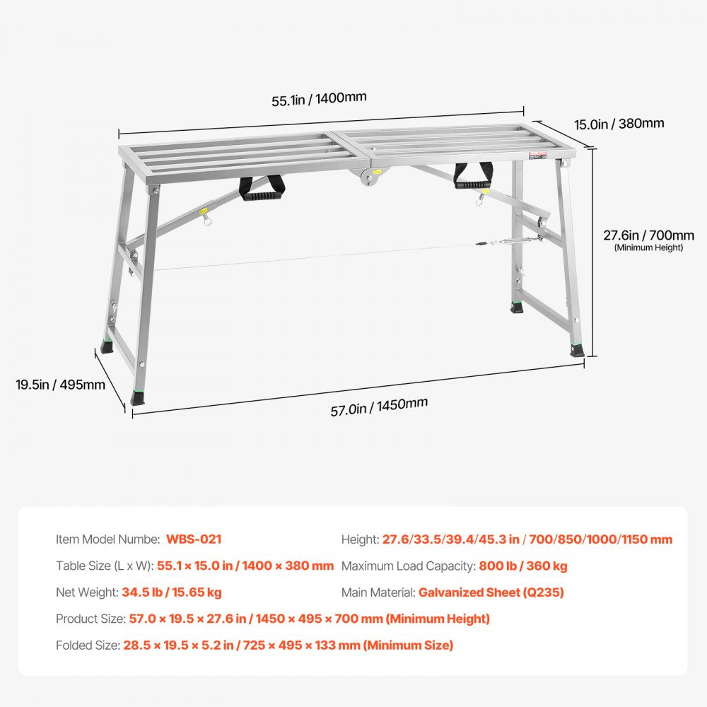 VEVOR Work Platform, 4 Gear Adjustable Height, Folding Alloy Steel Step Ladder, Portable Scaffolding Platform, 800 lb Load Capacity, Non-Slip Rubber Feet, Drywall Painting Stool, Cleaning & Washing
