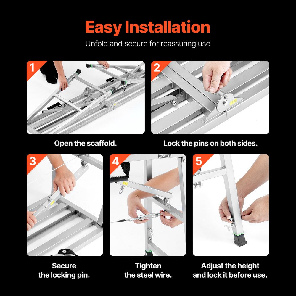 VEVOR Work Platform, 4 Gear Adjustable Height, Folding Alloy Steel Step Ladder, Portable Scaffolding Platform, 800 lb Load Capacity, Non-Slip Rubber Feet, Drywall Painting Stool, Cleaning & Washing