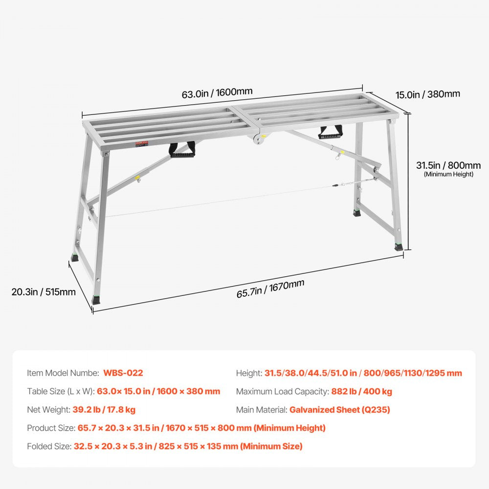 VEVOR Work Platform, 4 Gear Adjustable Height, Folding Alloy Steel Step Ladder, Portable Scaffolding Platform, 800 lb Load Capacity, Non-Slip Rubber Feet, Drywall Painting Stool, Cleaning & Washing