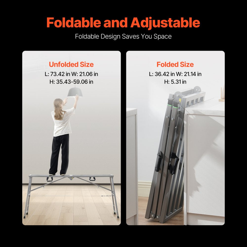 VEVOR Work Platform, 4 Gear Adjustable Height, Folding Alloy Steel Step Ladder, Portable Scaffolding Platform, 880 lb Load Capacity, Non-Slip Rubber Feet, Drywall Painting Stool, Cleaning & Washing