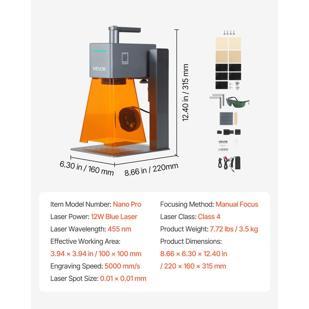 VEVOR Portable Laser Engraver, 5000 mm/s High Speed, 12W Handheld Blue Laser Engraver and Cutter, Engraving Precision 0.01 x 0.01 mm, DIY Engraving Tool, for Wood, Acrylic, Leather, Cloth, Class 4