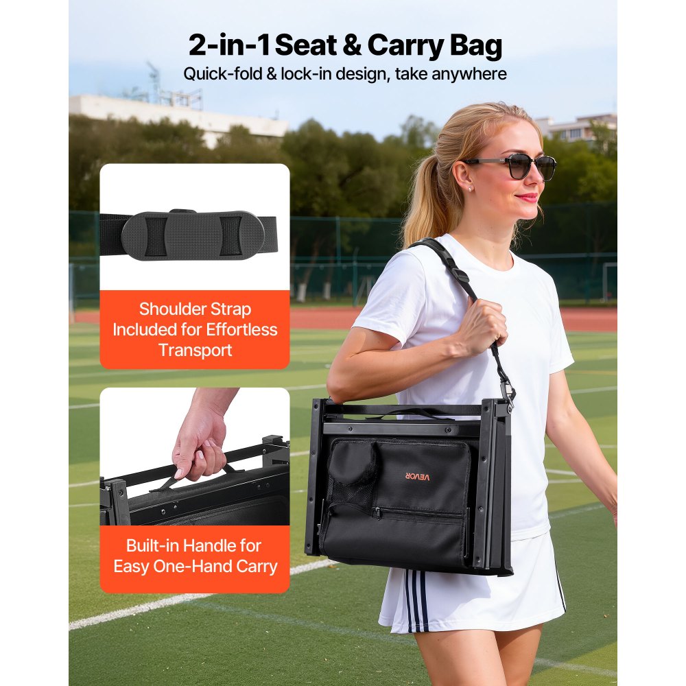 VEVOR Stadium Seat, Folding Bleacher Chair with Back Support and Thick Cushion, Padded Stadium Seat for Bleacher Includes Shoulder Strap, Hooks, Cup Holder, and Side Pocket, Black Bleachers Chair