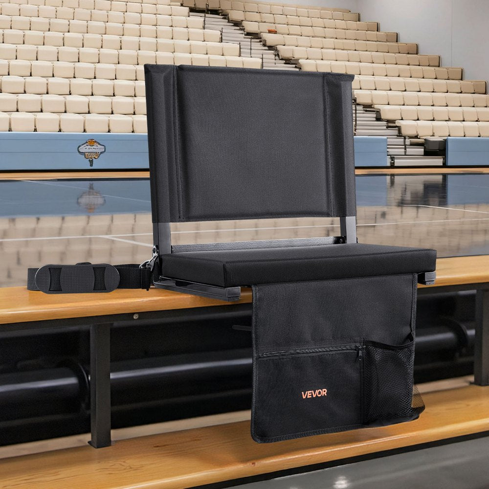 VEVOR Stadium Seat, Folding Bleacher Chair with Back Support and Thick Cushion, Padded Stadium Seat for Bleacher Includes Shoulder Strap, Hooks, Cup Holder, and Side Pocket, Black Bleachers Chair