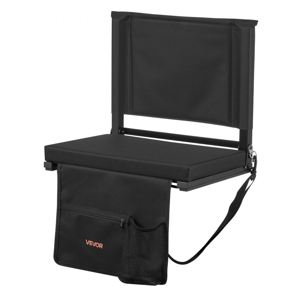 VEVOR Stadium Seat, Folding Bleacher Chair with Back Support and Thick Cushion, Padded Stadium Seat for Bleacher Includes Shoulder Strap, Hooks, Cup Holder, and Side Pocket, Black Bleachers Chair