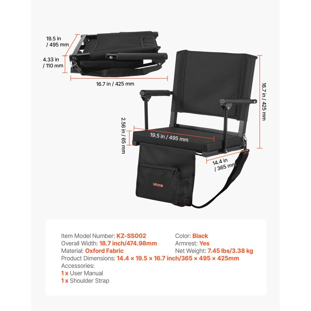 VEVOR Stadium Seat, Portable Bleacher Seat with Armrest, Back Support and Thick Cushion, Bench Chair for Bleacher Includes Shoulder Strap, Hooks, Cup Holder, Black Football Bleachers Seats, 1PCS