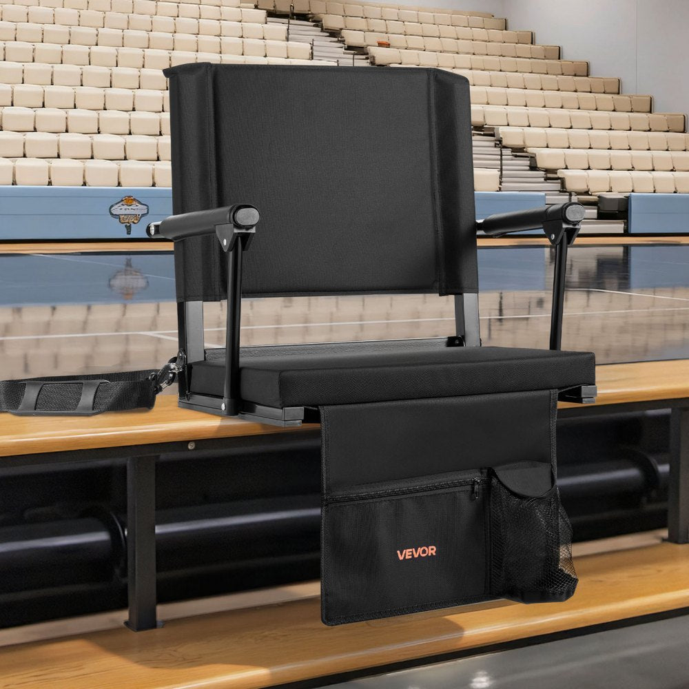VEVOR Stadium Seat, Portable Bleacher Seat with Armrest, Back Support and Thick Cushion, Bench Chair for Bleacher Includes Shoulder Strap, Hooks, Cup Holder, Black Football Bleachers Seats, 1PCS