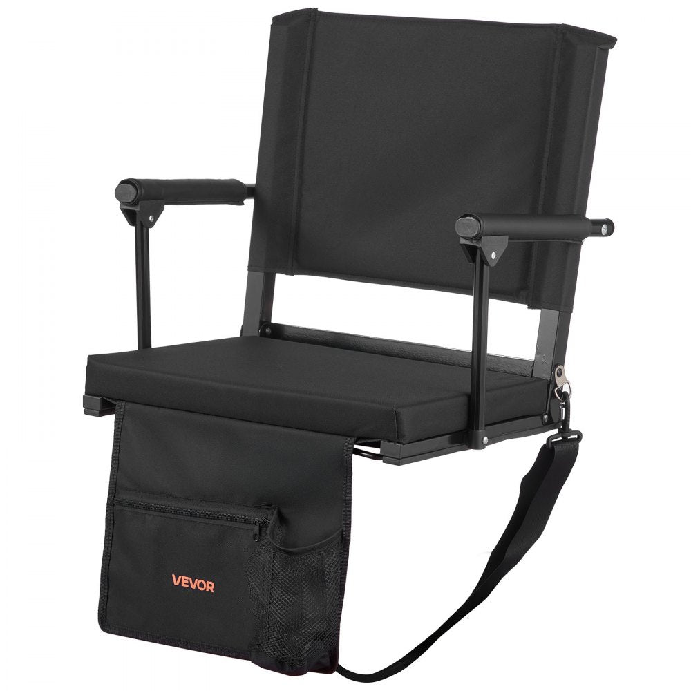 VEVOR Stadium Seat, Portable Bleacher Seat with Armrest, Back Support and Thick Cushion, Bench Chair for Bleacher Includes Shoulder Strap, Hooks, Cup Holder, Black Football Bleachers Seats, 1PCS