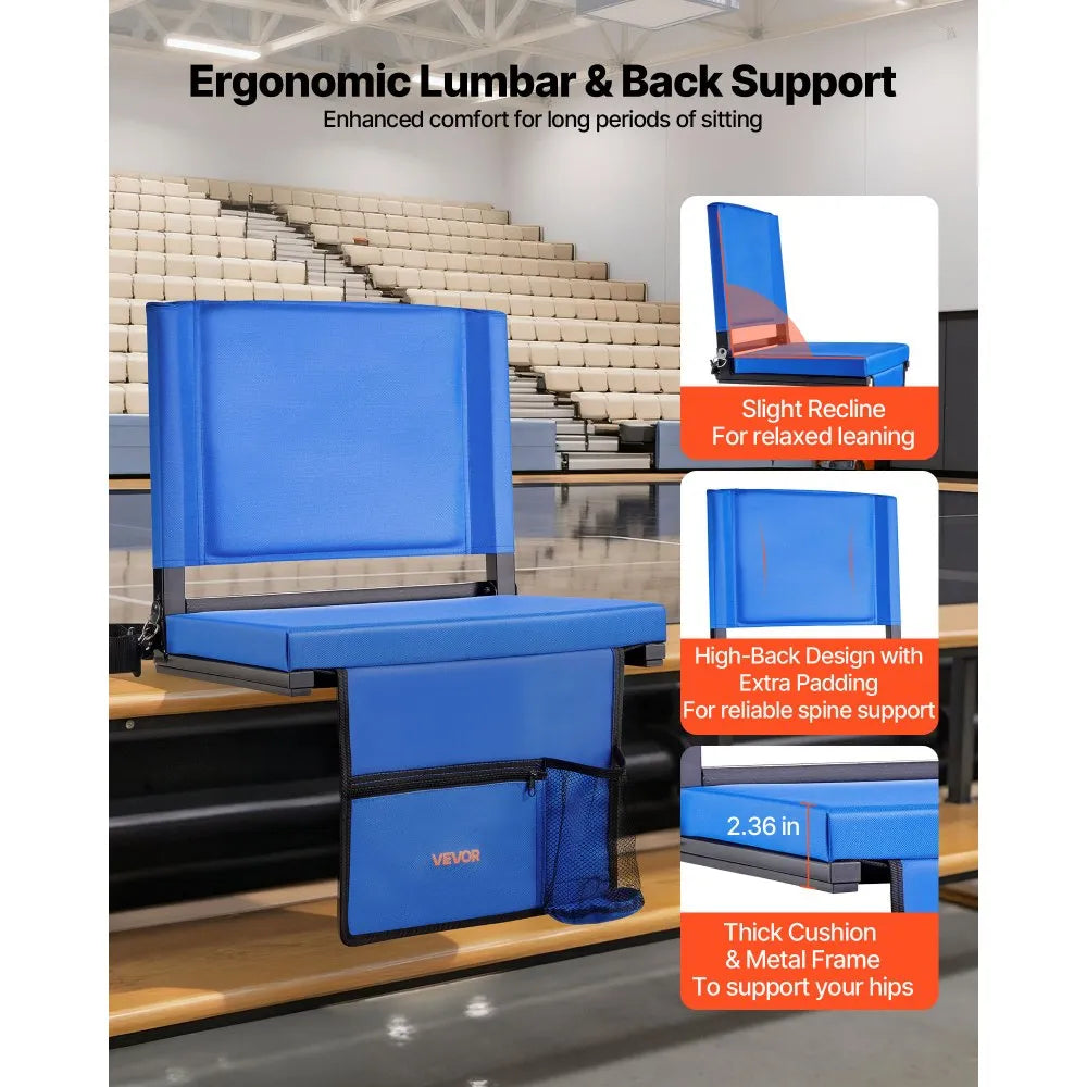VEVOR Stadium Seat, Folding Bleacher Chair with Back Support and Thick Cushion, Padded Stadium Seat for Bleacher Includes Shoulder Strap, Hooks, Cup Holder, and Side Pocket, Blue Bleachers Chair