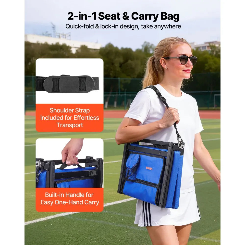 VEVOR Stadium Seat, Folding Bleacher Chair with Back Support and Thick Cushion, Padded Stadium Seat for Bleacher Includes Shoulder Strap, Hooks, Cup Holder, and Side Pocket, Blue Bleachers Chair