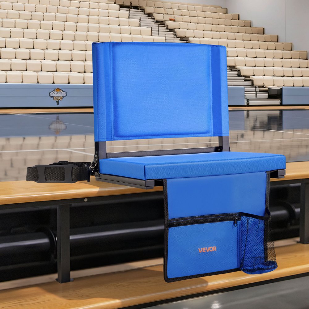 VEVOR Stadium Seat, Folding Bleacher Chair with Back Support and Thick Cushion, Padded Stadium Seat for Bleacher Includes Shoulder Strap, Hooks, Cup Holder, and Side Pocket, Blue Bleachers Chair