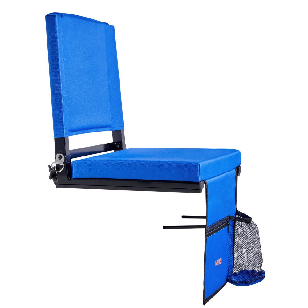 VEVOR Stadium Seat, Folding Bleacher Chair with Back Support and Thick Cushion, Padded Stadium Seat for Bleacher Includes Shoulder Strap, Hooks, Cup Holder, and Side Pocket, Blue Bleachers Chair