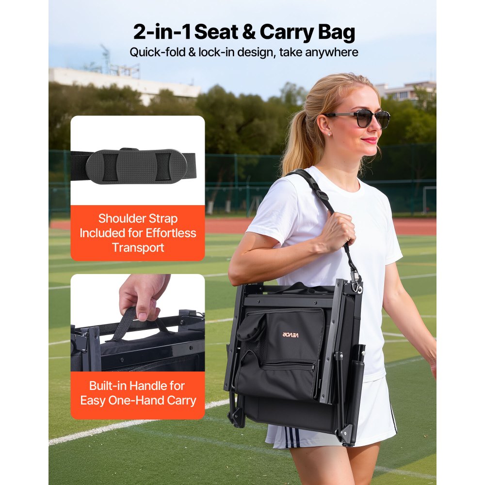 VEVOR Stadium Seat, Portable Bleacher Seat with Armrest, Back Support and Thick Cushion, Bench Chair for Bleacher Includes Shoulder Strap, Hooks, Cup Holder, Black Football Bleachers Seats, 2PCS