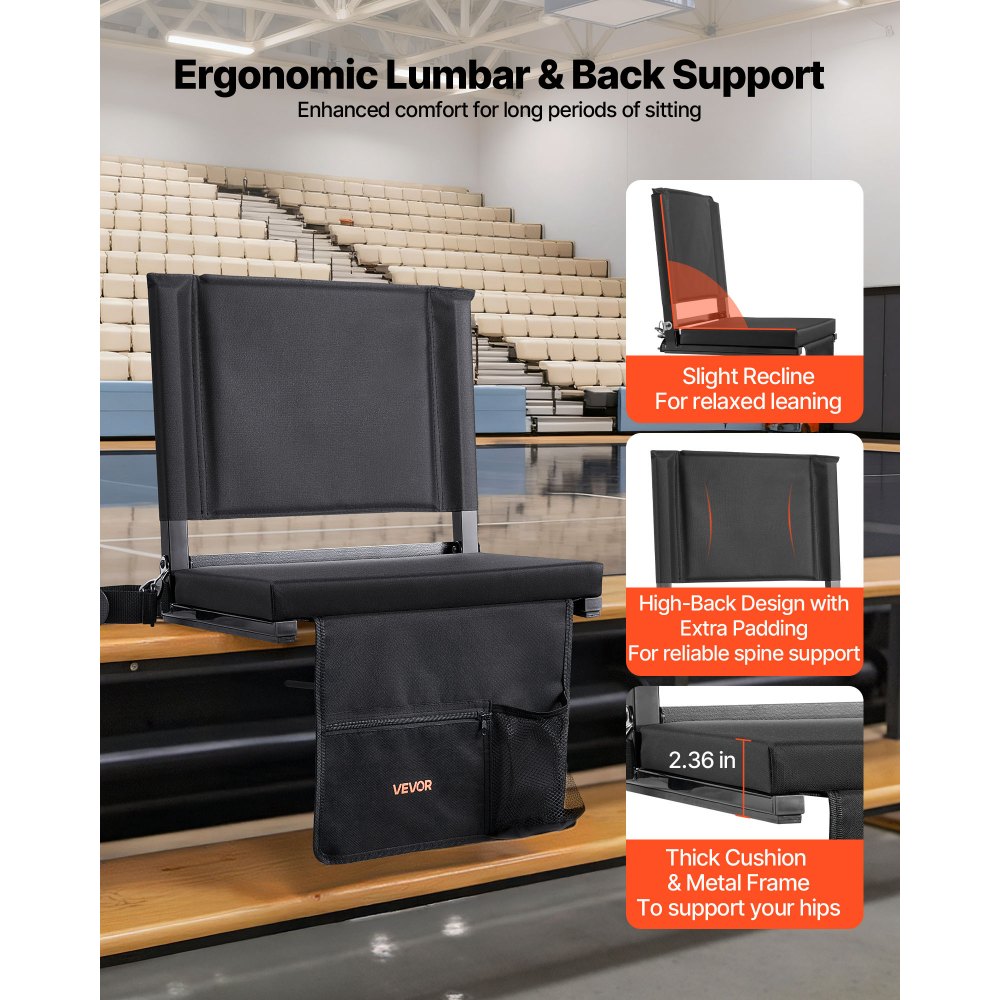 VEVOR Stadium Seat, Folding Bleacher Seat with Back Support and Thick Cushion, Padded Stadium Seats for Bleacher Includes Shoulder Strap, Hooks, Cup Holder, and Side Pocket, Black Bleachers Chair