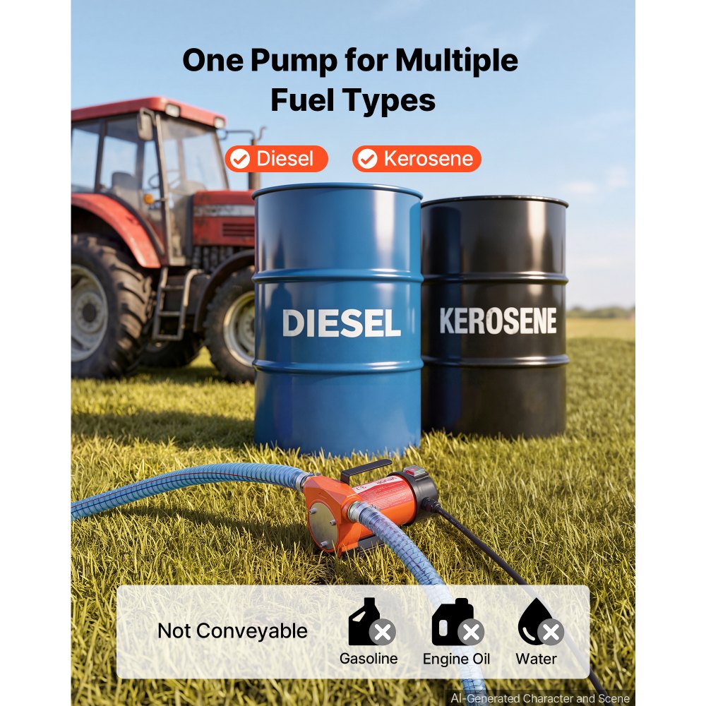 VEVOR Fuel Transfer Pump 12V DC 13 GPM Portable Electric Diesel Pump Kit, for Diesel and Kerosene, 1/5 HP Motor, Cast Iron Housing, with Manual Fuel Nozzle, Discharge Hose, Filter Screen, Hose Clamp