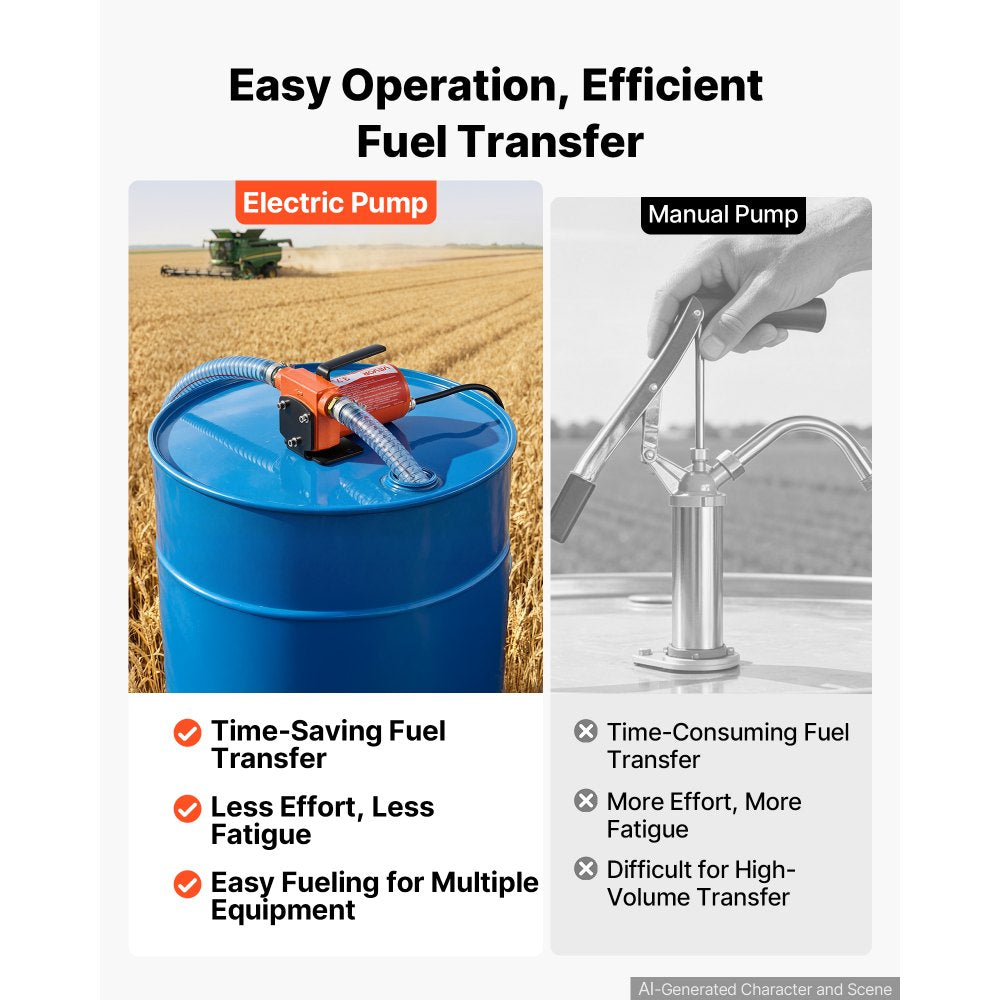 VEVOR Fuel Transfer Pump 12V DC 3.7 GPM Portable Electric Diesel Pump Kit, for Gasoline Diesel and Kerosene, 1/4 HP Motor, Cast Iron Housing, with Manual Fuel Nozzle, Discharge Hose, Filter Screen