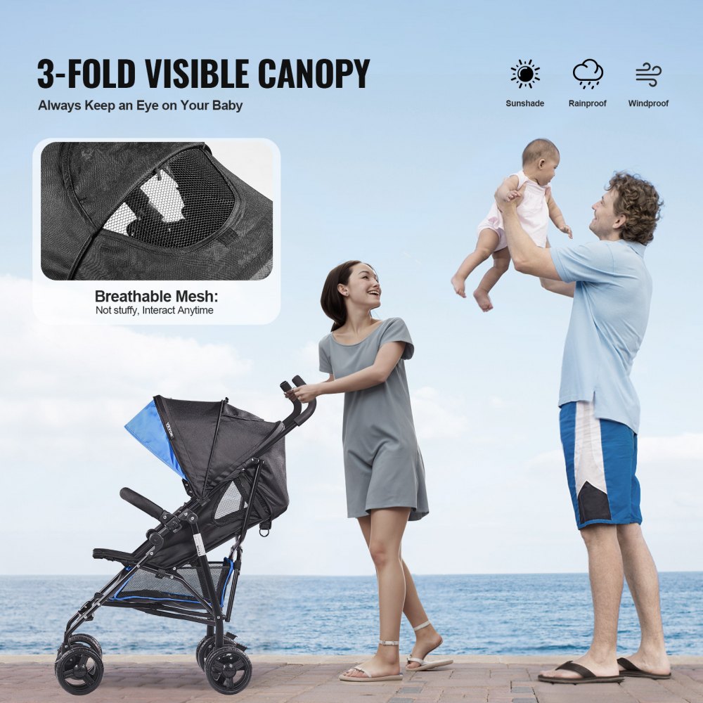 VEVOR Lightweight Stroller, Compact Easy Fold MultiPosition Recline Canopy Backrest, Carbon Steel Frame, Large Storage Basket, Umbrella Toddler Baby Stroller for Travel and More, Black/Blue