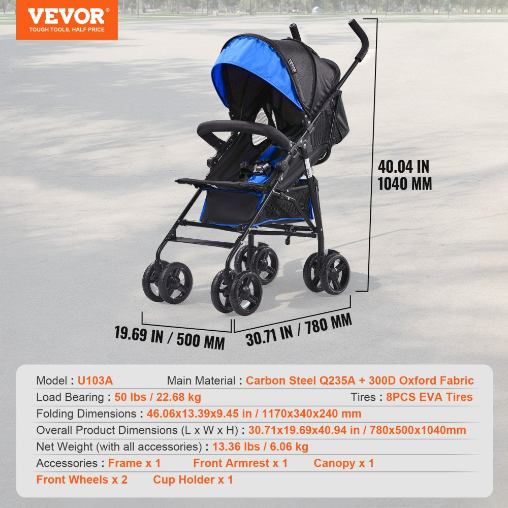 VEVOR Lightweight Stroller, Compact Easy Fold MultiPosition Recline Canopy Backrest, Carbon Steel Frame, Large Storage Basket, Umbrella Toddler Baby Stroller for Travel and More, Black/Blue