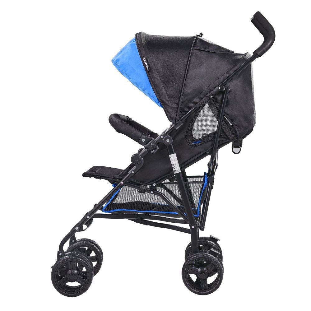 VEVOR Lightweight Stroller, Compact Easy Fold MultiPosition Recline Canopy Backrest, Carbon Steel Frame, Large Storage Basket, Umbrella Toddler Baby Stroller for Travel and More, Black/Blue